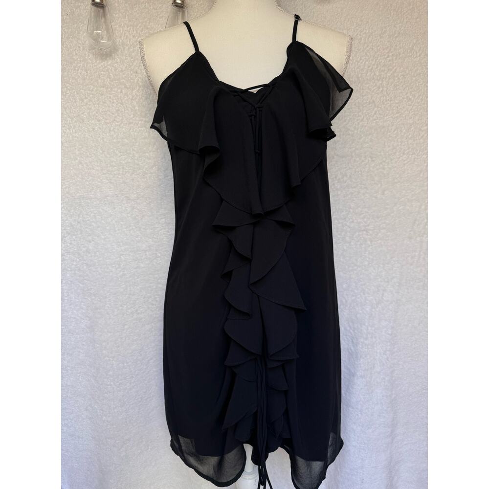 Very J Black Ruffled Waterfall Strappy Adjustable Style Mini Dress Medium